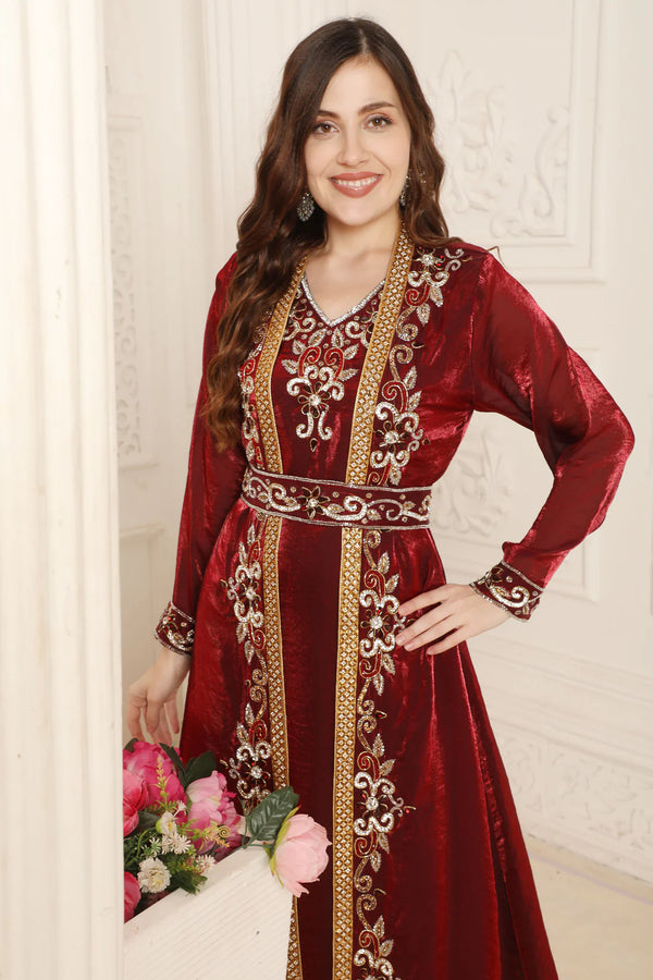 Maroon and Gold Zari Embroidered Front-Open Wedding Gown