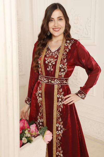 Maroon and Gold Zari Embroidered Front-Open Wedding Gown