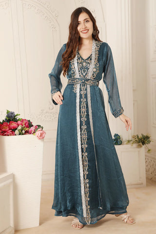 Maroon and Gold Zari Embroidered Front-Open Wedding Gown