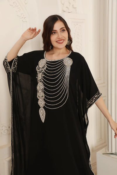 Metallic Purple Kaftan Dress with Beaded Neck Embellishment