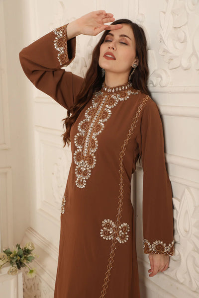 Metallic Purple Kaftan Dress with Beaded Neck Embellishment