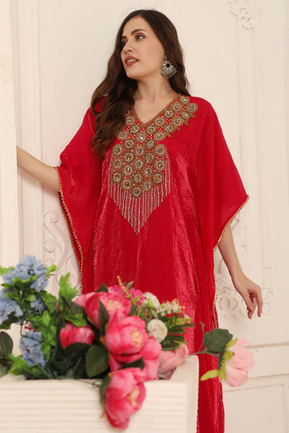Rani Pink Kaftan with Mirror Embellished Neckline and Crystal Fringe